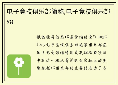 电子竞技俱乐部简称,电子竞技俱乐部yg